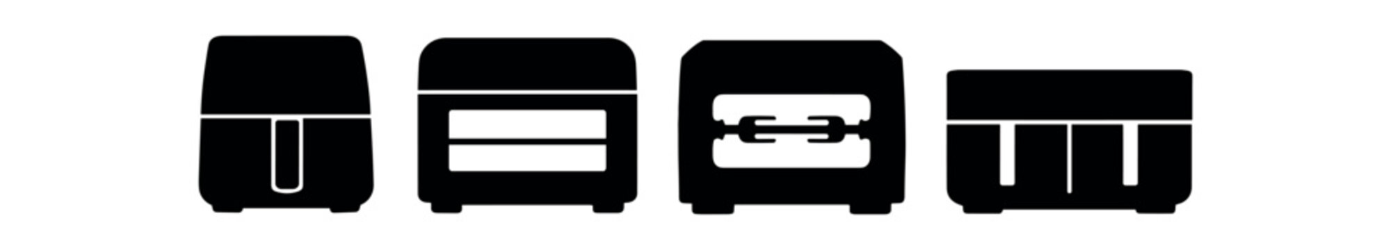 Four black silhouette toaster ovens and countertop baking appliances in a row