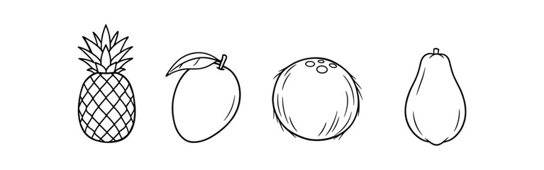 Obraz premium Black outline icons of pineapple, mango, coconut and papaya in a row