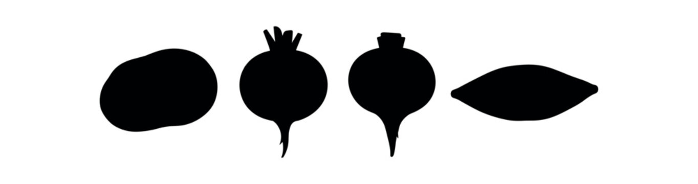 Four solid black root vegetable silhouettes including potato, beet and turnip shapes