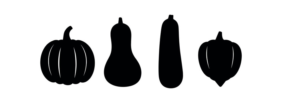 Black silhouette set of four gourds and pumpkins in different shapes.