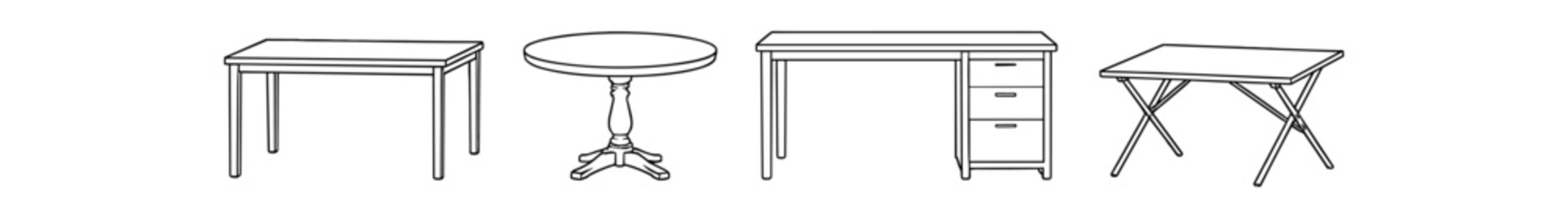 Four detailed line drawings of tables including rectangular, round pedestal, desk with drawers and folding table.
