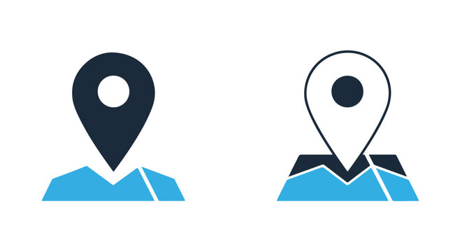 Map icons on mountainous terrain - Glyph solid icon - Editable modern style icon - Clipart, sticker - icon set