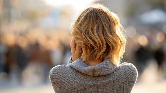 Depressed woman surrounded by a crowd on a street, panic and agoraphobia concept, mental health trauma and social anxiety, defocused public background, with copy space