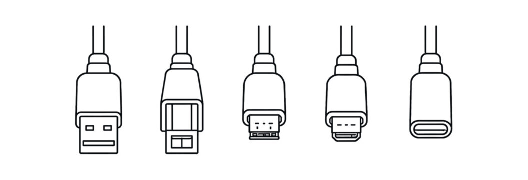 Line outline icons of cable connectors including usb a, ethernet style, mini and micro usb, and usb-c.