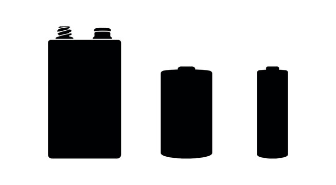 Solid black silhouettes of three battery types including a rectangular 9v style cell and two cylindrical cells.