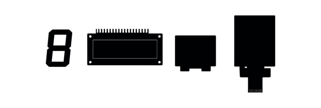 Black silhouette icons of seven-segment and rectangular display modules with connectors.