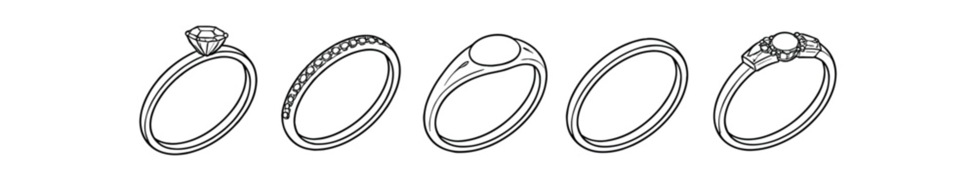 Five outline ring icons showing different engagement and wedding band settings in linear style