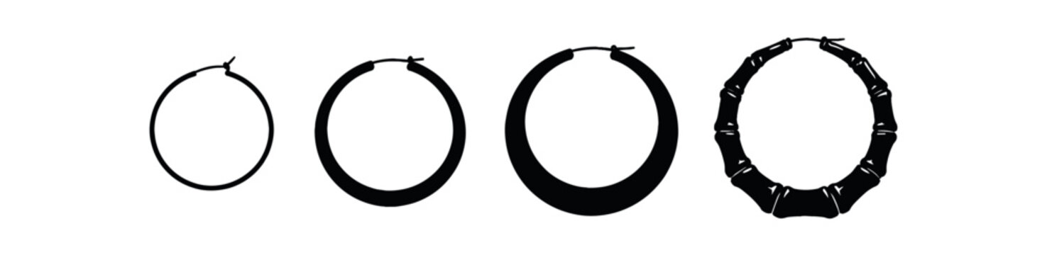 Four hoop earring silhouettes ranging from thin to thick and a textured bamboo style hoop.
