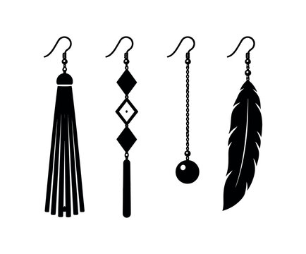 Four black silhouette earring designs: tassel, diamond geometric drop, chain with ball, and long feather.
