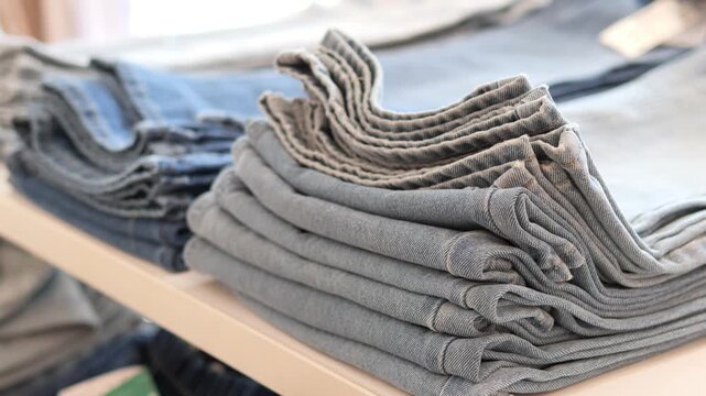 Stack of new jeans trousers on the shelf in clothing store, light blue denim pants neatly folded in fashion shop for sale