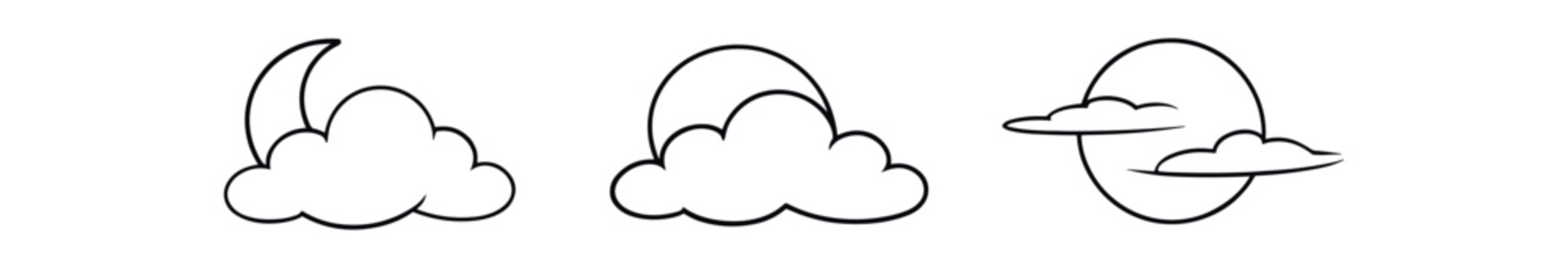 Three outlined cloud icons with moon and sun variations in simple line style.