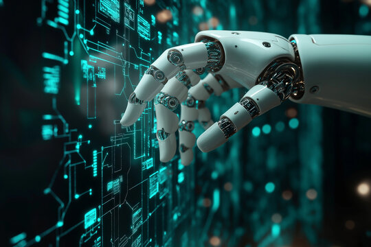 Hands of robot touch on quantum computing network and superposition processing, quantum algorithms, data encryption, high-speed calculation, advanced research, futuristic technology, AI integration