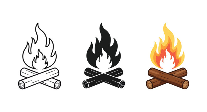Campfire Icon Set Flames Wood Logs Vector - Clipart, logo template - Vector icon set - Glyph and solid icon set - Icon vector - Flat Design Icon - line icon set - Silhouette icon - Logo vector