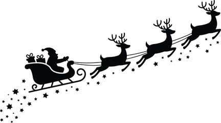 Santa Claus sleigh with flying reindeer silhouette on starry night Christmas holiday illustration vector © Nur