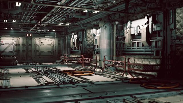 A spacious industrial environment features metallic walls and exposed cables. Dim lighting enhances the futuristic atmosphere, and the layout includes sections for equipment and maintenance.