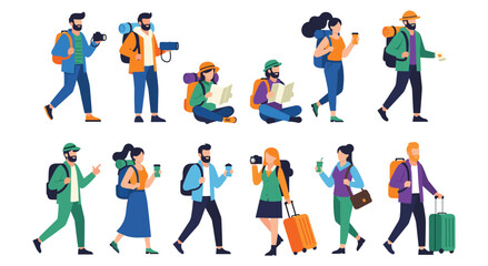 Fototapeta premium People traveling, tourists with backpacks, luggage, and maps, walking and exploring