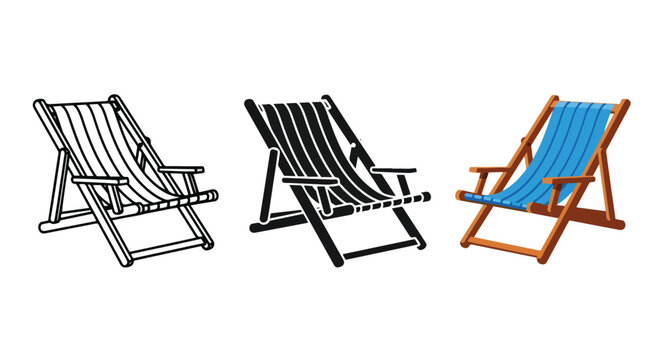 Three deck chairs icons set isolated - Clipart, logo template - Vector icon set - Glyph and solid icon set - Icon vector - Flat Design Icon - line icon set - Silhouette icon - Logo vector