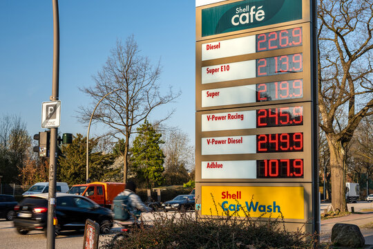 Hamburg Germany 2026 03 19: High gasoline and diesel prices on a display of a Shell gas station