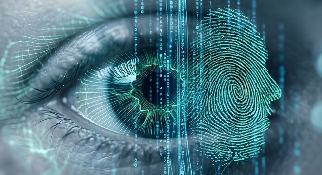 Abstract holographic biometric scan of iris and fingerprint patterns