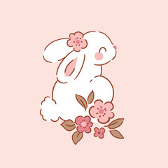 Cute white rabbit with spring floral arrangement. Hand drawn vector clipart. Easter bunny on isolated background. 
