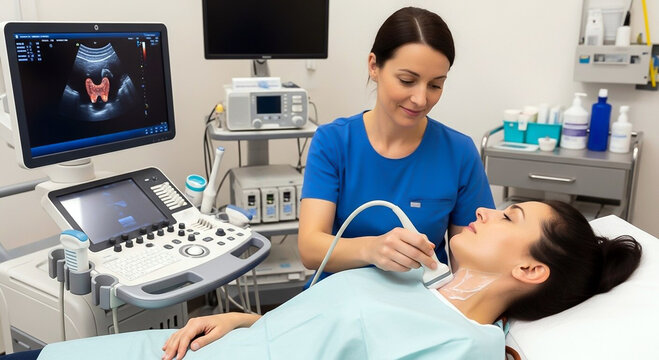 Smiling nurse or technician gently applying an ultrasound transducer to the neck of a relaxed female patient during a thyroid scan procedure.