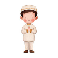 Cute Muslim boy watercolor clipart. Hand drawn illustration for Eid celebration