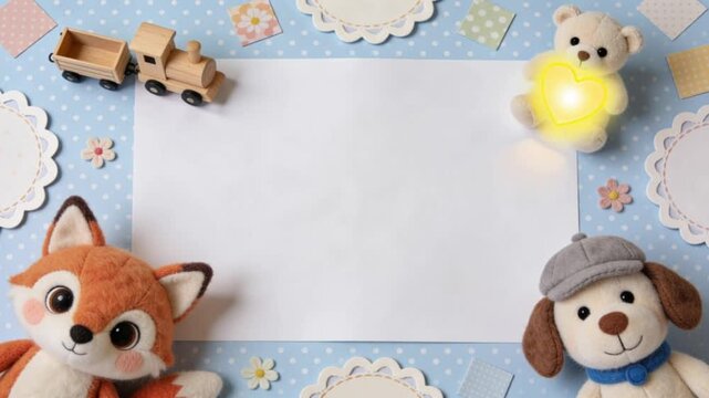 video of charming children&rsquo;s composition with felt animals,teddy bear,wooden toy train,decorative paper on blue background. for children&rsquo;s greeting cards or invitation designs for kids&rsquo; events.