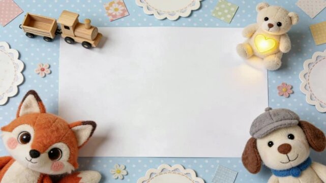 video of charming children&rsquo;s composition with felt animals,teddy bear,wooden toy train,decorative paper on blue background. for children&rsquo;s greeting cards or invitation designs for kids&rsquo; events.
