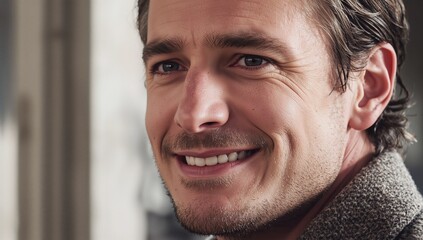 Obraz premium Smiling adult man turning head and showing smile in interior room, with textured gray knit collar