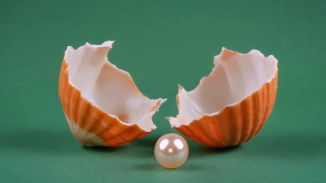 Broken orange and white seashell split into halves, smooth lustrous pearl placed centrally, green background highlighting natural origin, rarity, and beauty of pearls.