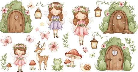 Naklejka premium Whimsical illustration of fairy tale girls with doors and forest creatures in a magical setting with flowers and lanterns