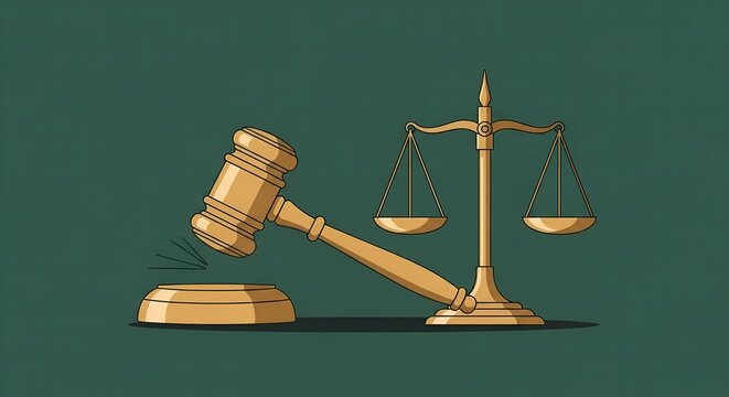 Golden gavel and scales of justice on dark green background symbolizing law and order