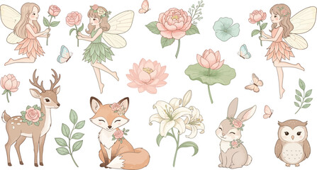 Fototapeta premium Whimsical forest creatures and flowers in a soft watercolor illustration