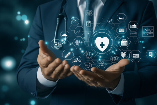 Businessman touching the health insurance and coverage plans, medical benefits, policy protection, digital claims, secure records, healthcare support