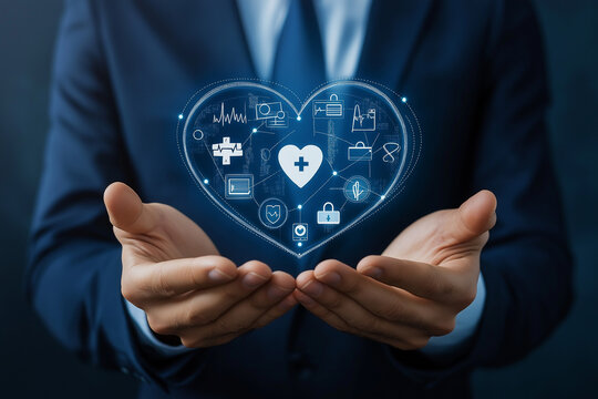 Businessman touching the health insurance and coverage plans, medical benefits, policy protection, digital claims, secure records, healthcare support
