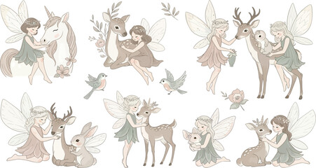 Obraz premium Whimsical illustrations of fairies and deer in a mystical forest setting with soft colors and delicate details