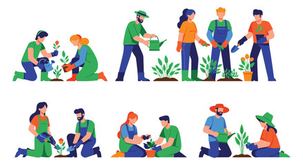 Fototapeta premium People gardening, planting flowers and watering plants in gardens and outdoors