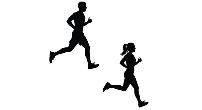 Silhouette vector graphic design illustrating a man and a woman running together in athletic motion