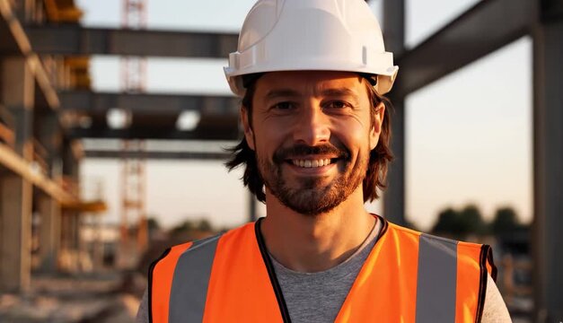 Smiling engineer in a hard hat and safety vest standing at a construction site. Portrait of a confident builder during sunset.