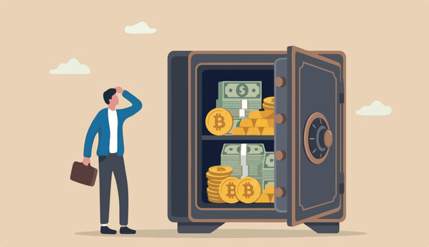 Alternative financial assets, crypto currency bitcoin, cash gold investment retirement plan concept, businessman investor standing with security safe full cash, gold bitcoin inside