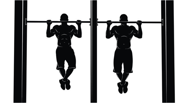 Vector illustration of two muscular men performing challenging chin up exercises on a horizontal bar silhouette
