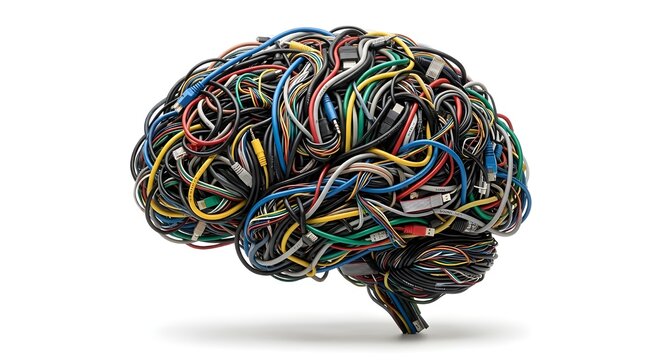 Human Brain Made of Tangled Cables &ndash; Technology Overload, Data Chaos, Artificial Intelligence Concept