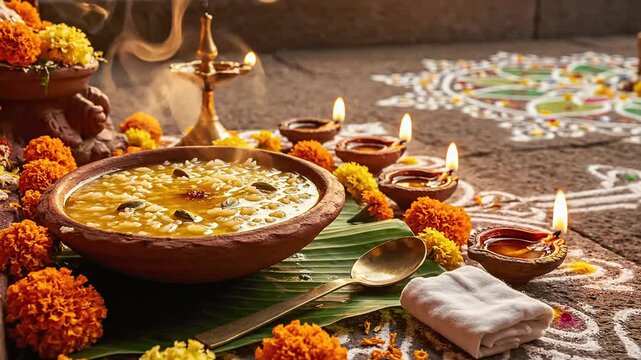 Traditional indian buddha purnima celebration featuring sweet kheer offering, lit oil lamps, and vibrant marigold flowers arranged on an ornate rangoli.
