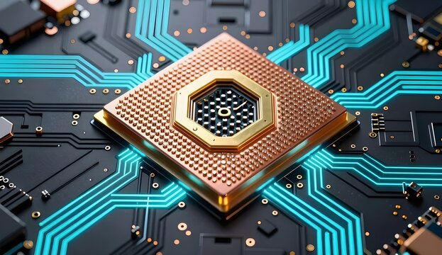 Close-up macro view of a futuristic microprocessor chip with hexagonal elements and glowing cyan circuitry on a dark PCB.