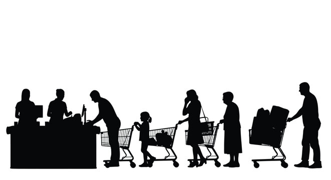 Vector graphic illustration depicting diverse customers patiently queuing at busy supermarket checkout counters
