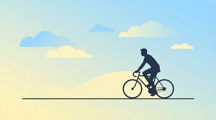 Obraz premium Minimalist vector illustration of a male cyclist silhouette riding a bicycle at sunset against a cloudy sky background