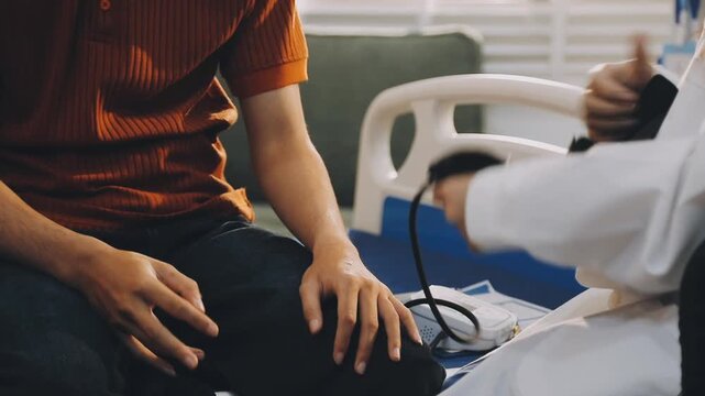 Female doctor measuring blood pressure of male patient in hospital