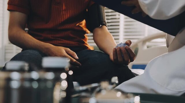 Female doctor measuring blood pressure of male patient in hospital