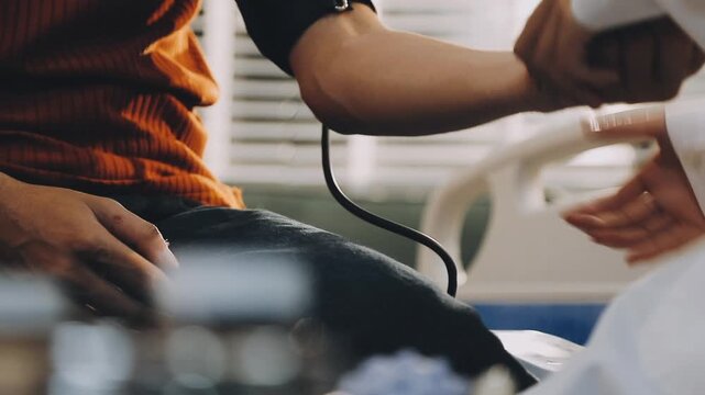 Female doctor measuring blood pressure of male patient in hospital