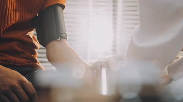 Female doctor measuring blood pressure of male patient in hospital